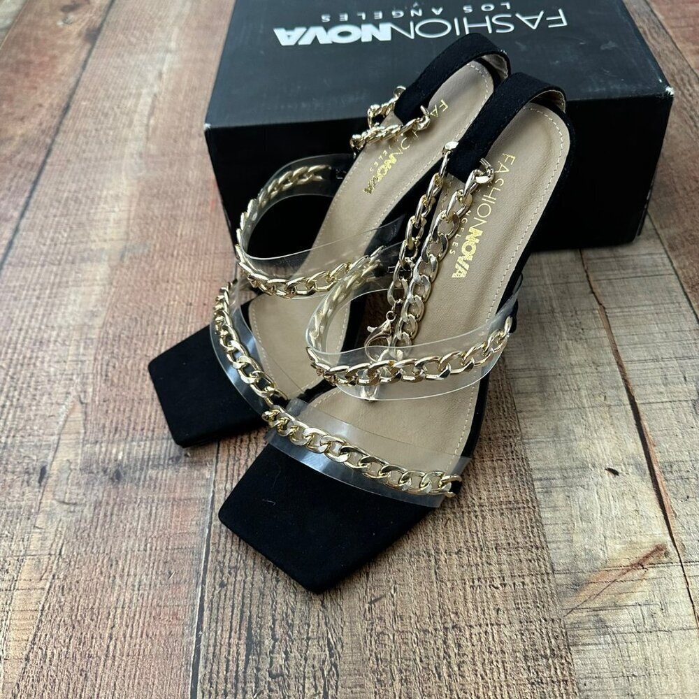 Fashion Nova Link Up With Me Heeled Sandal Dorado Black Size 8.5 - Picture 6 of 9